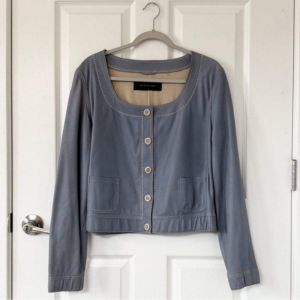 Elie Tahari Blue Grey Leather Blazer Jacket Top